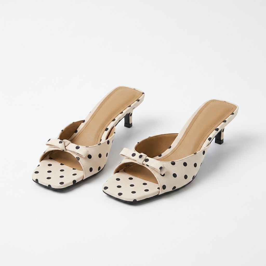 Women's Polka Dot Square-Toe Kitten Heel Sandals | French Satin One-Strap A87