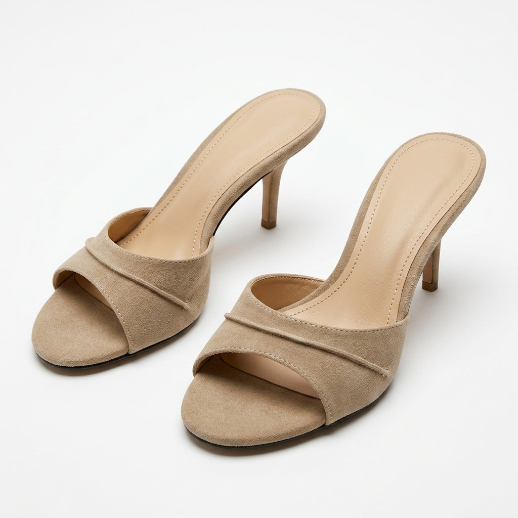 Women's Genuine Leather One-Line Stiletto Mules | Retro Khaki Open-Toe Heels A92
