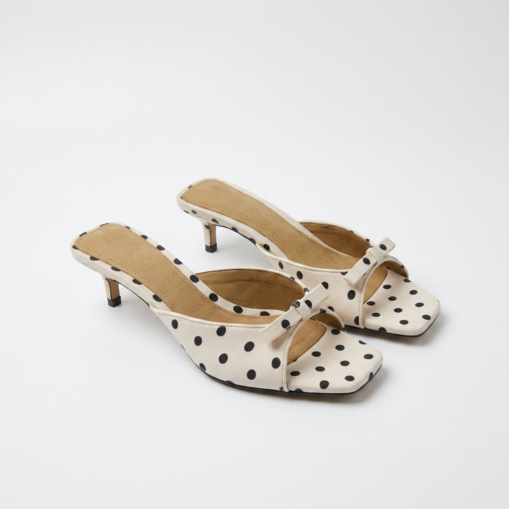 Women's Polka Dot Square-Toe Kitten Heel Sandals | French Satin One-Strap A87