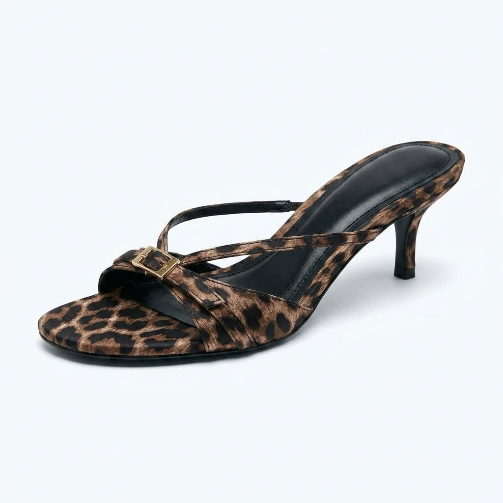 Women's Leopard Print One-Strap Kitten Heel Sandals | Za Round-Toe Open-Toe Heels A94