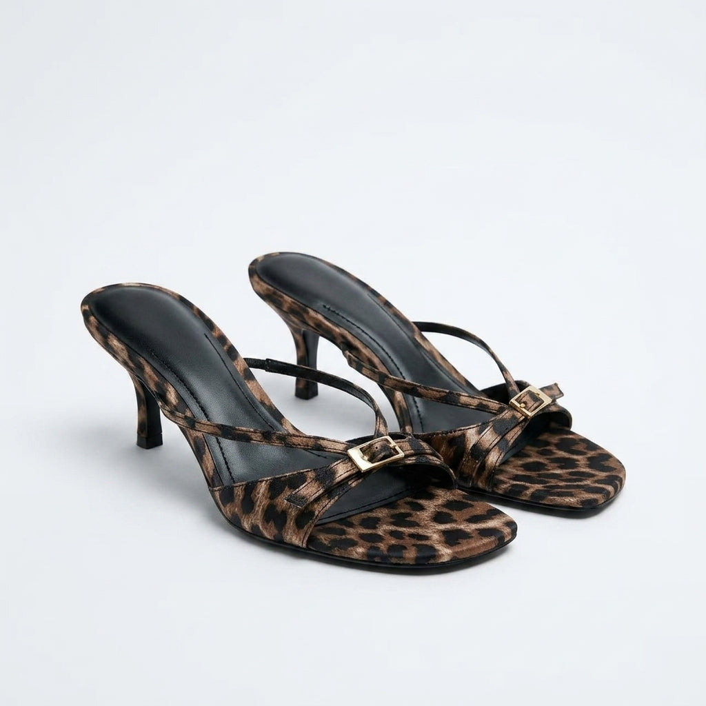Women's Leopard Print One-Strap Kitten Heel Sandals | Za Round-Toe Open-Toe Heels A94
