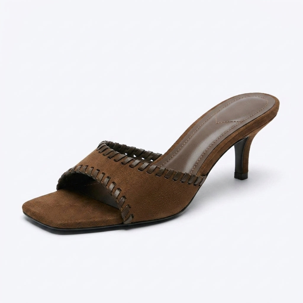 Women's Woven Square-Toe High Heel Mules | One-Strap Beach Vacation Slippers A95