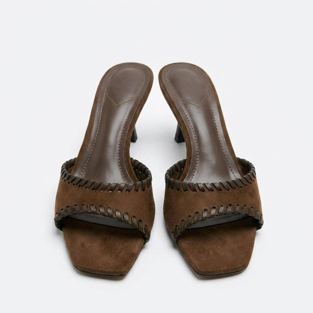 Women's Woven Square-Toe High Heel Mules | One-Strap Beach Vacation Slippers A95