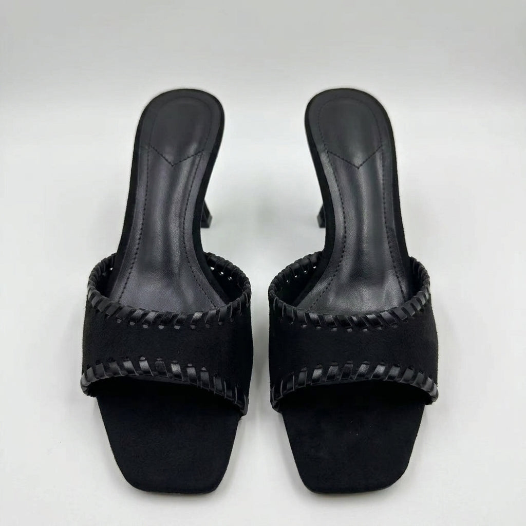 Women's Woven Square-Toe High Heel Mules | One-Strap Beach Vacation Slippers A95