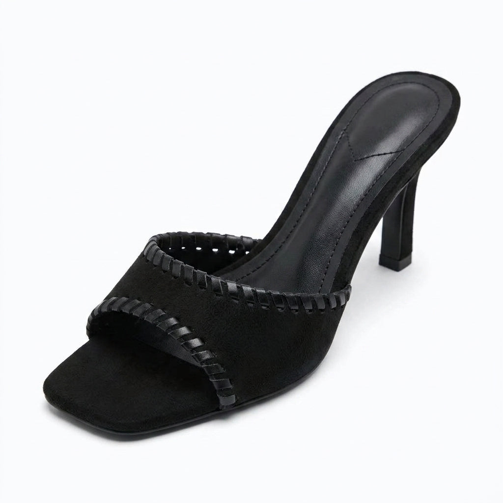 Women's Woven Square-Toe High Heel Mules | One-Strap Beach Vacation Slippers A95