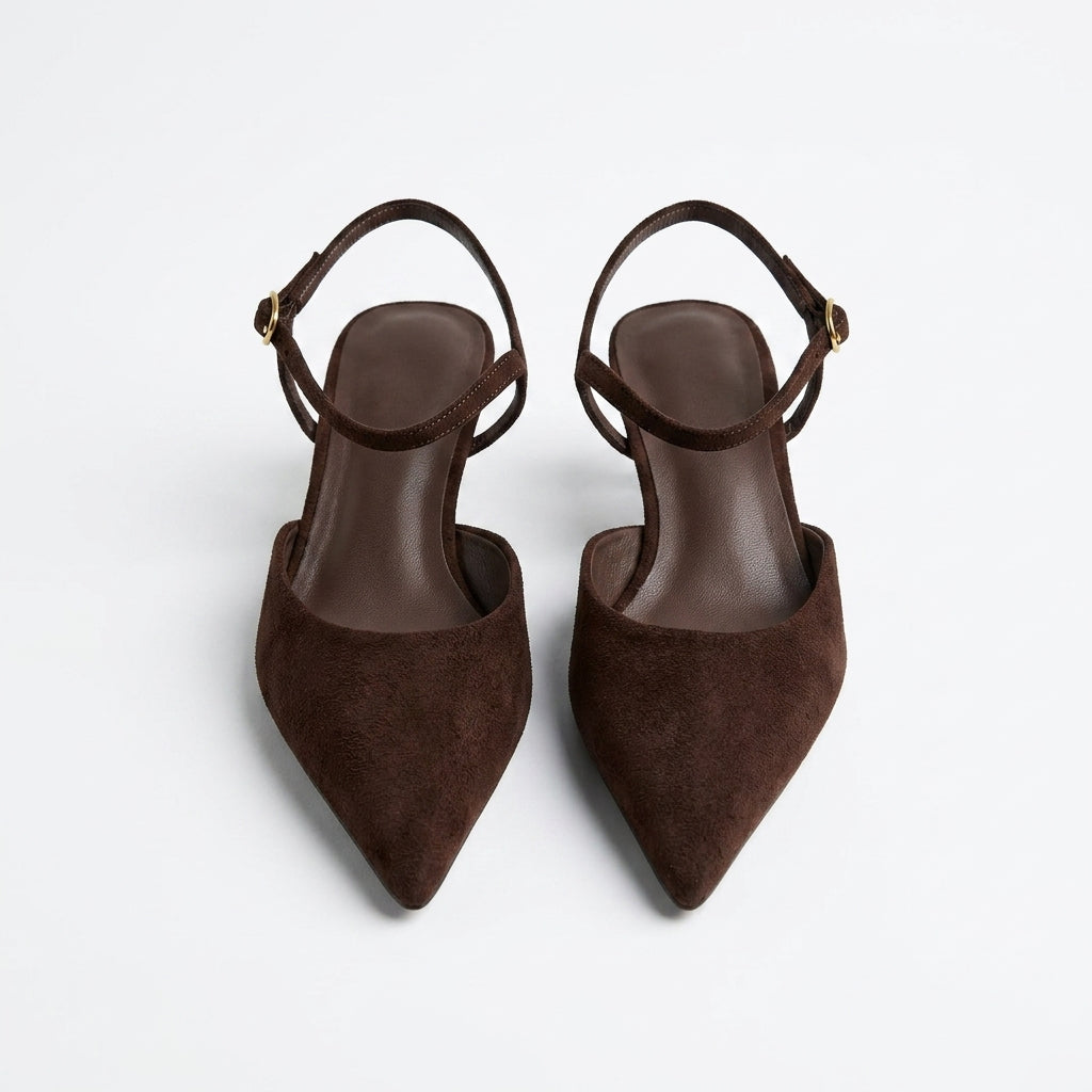 Women's Suede Pointed-Toe Kitten Heel Mules | Embellished Open-Back Retro Slides A97
