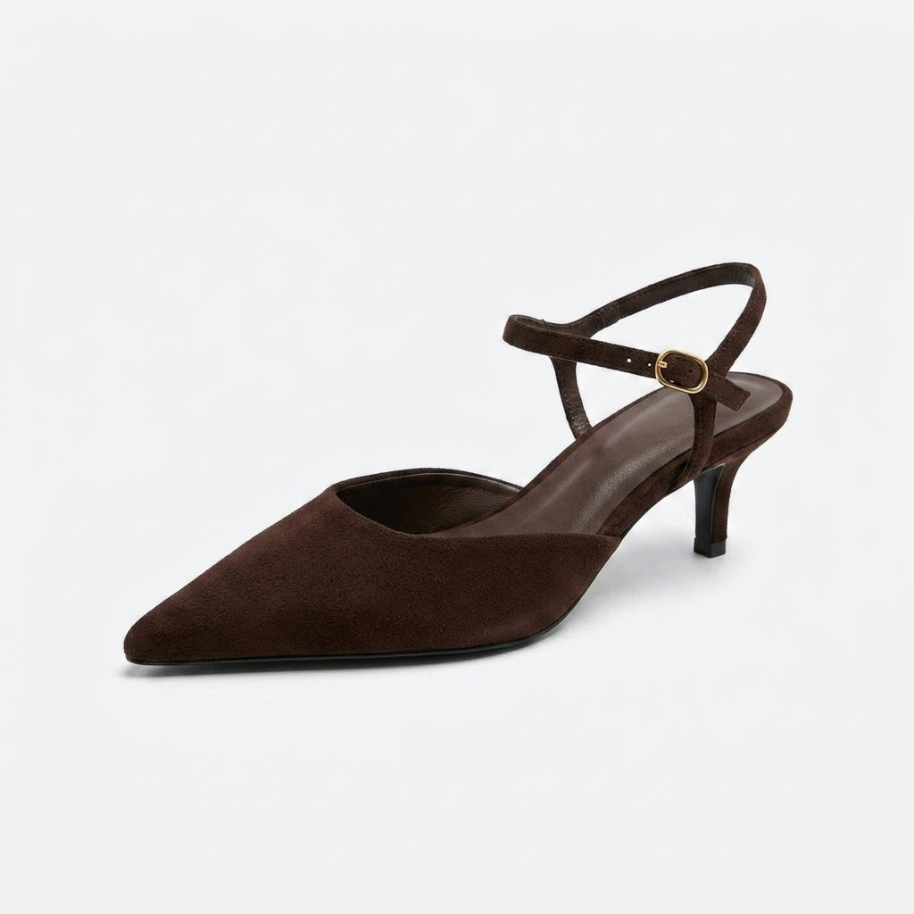 Women's Suede Pointed-Toe Kitten Heel Mules | Embellished Open-Back Retro Slides A97
