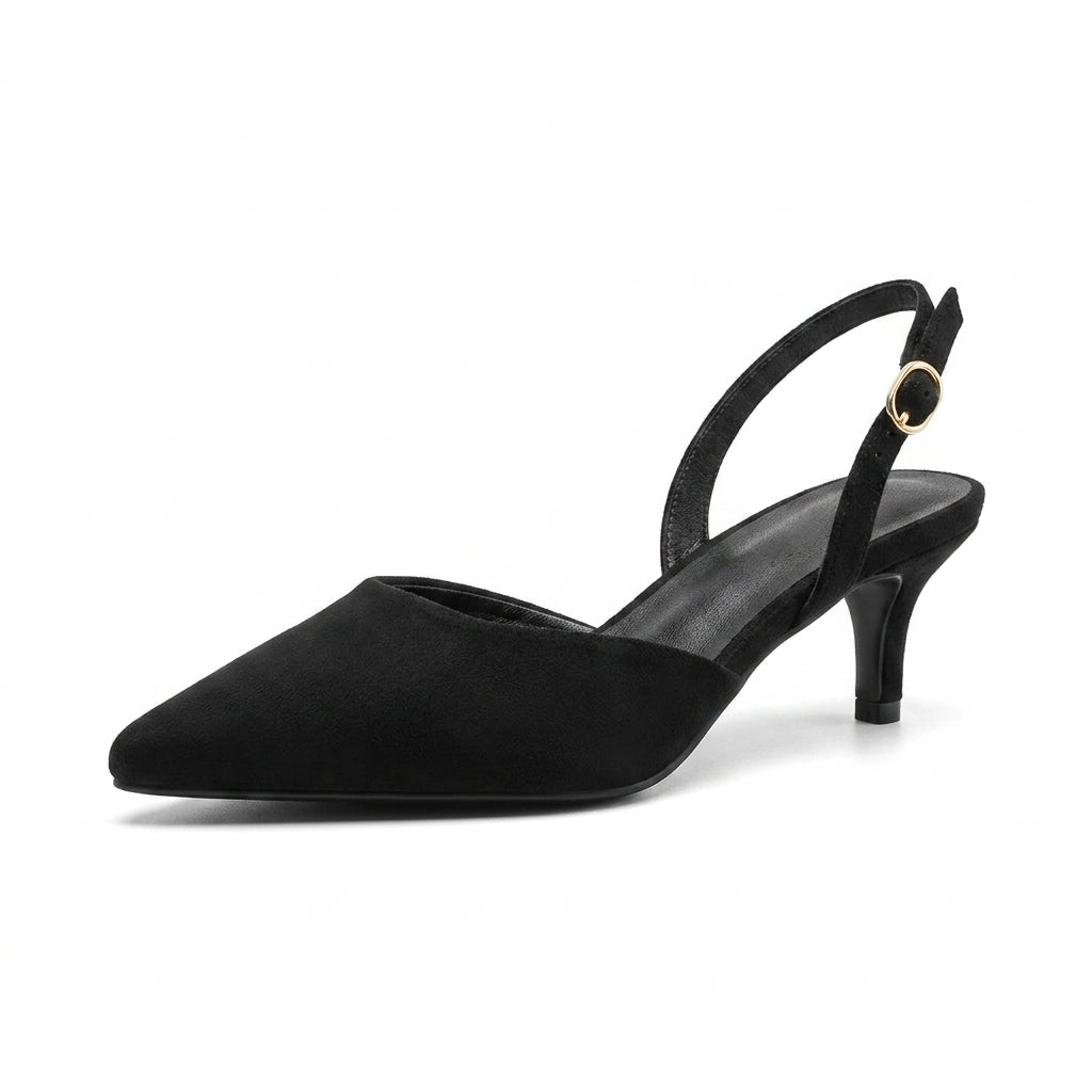 Women's Suede Pointed-Toe Kitten Heel Mules | Embellished Open-Back Retro Slides A97