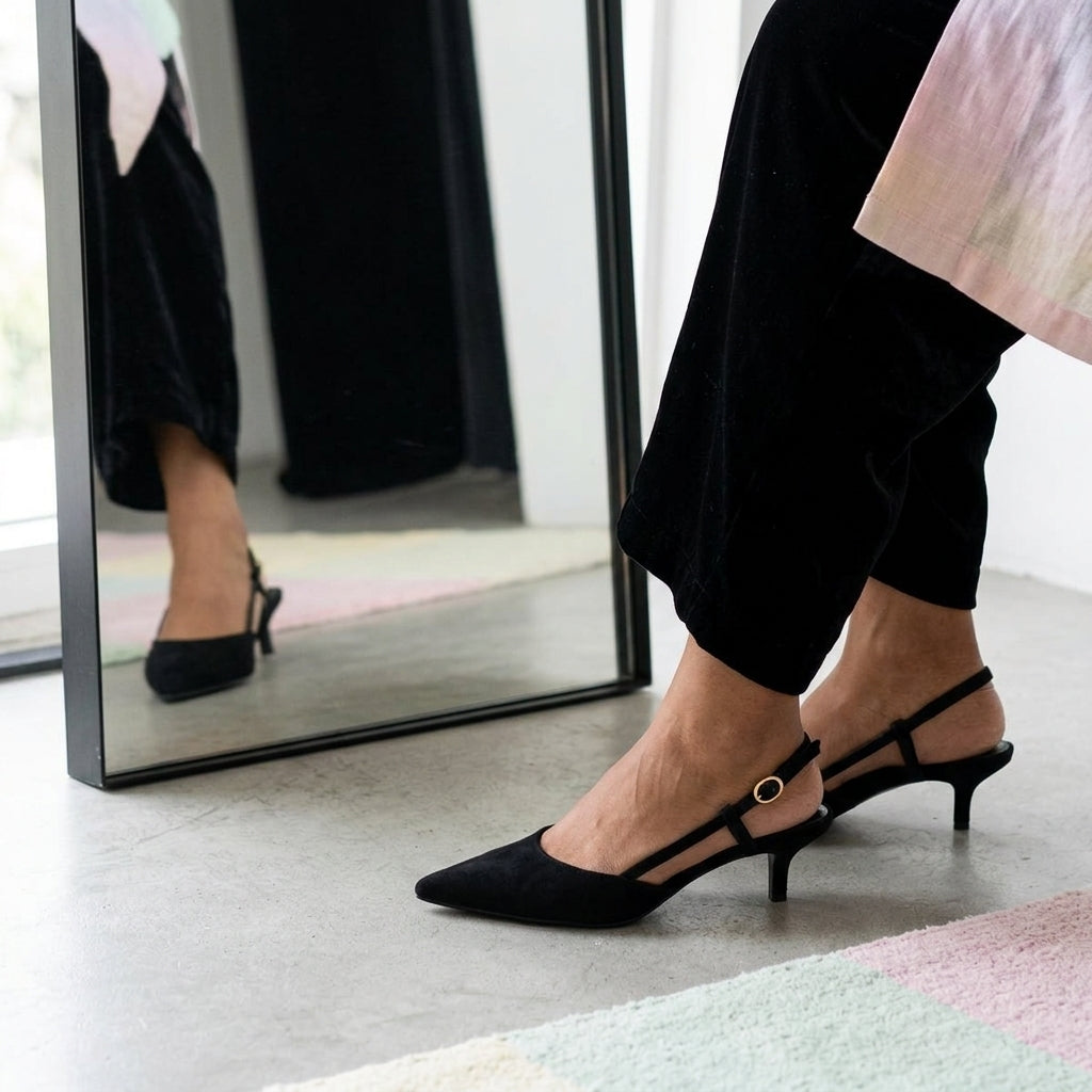 Women's Suede Pointed-Toe Kitten Heel Mules | Embellished Open-Back Retro Slides A97