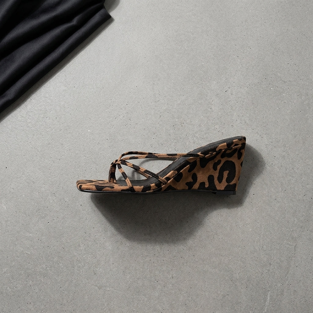 Women's French-Style Wedge Heel Thong Sandals - Leopard Print - flatlay