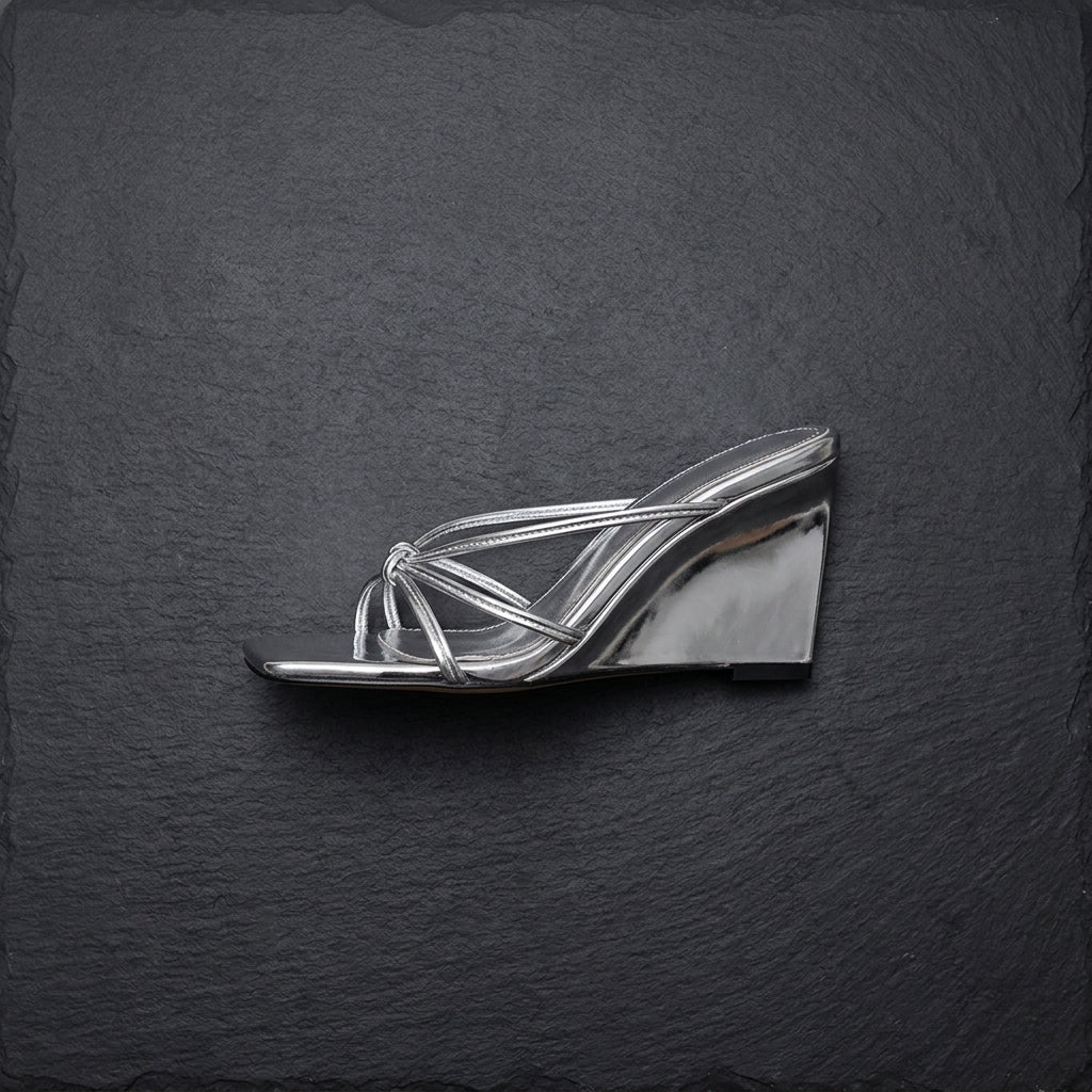 Women's French-Style Wedge Heel Thong Sandals - Silver - flatlay