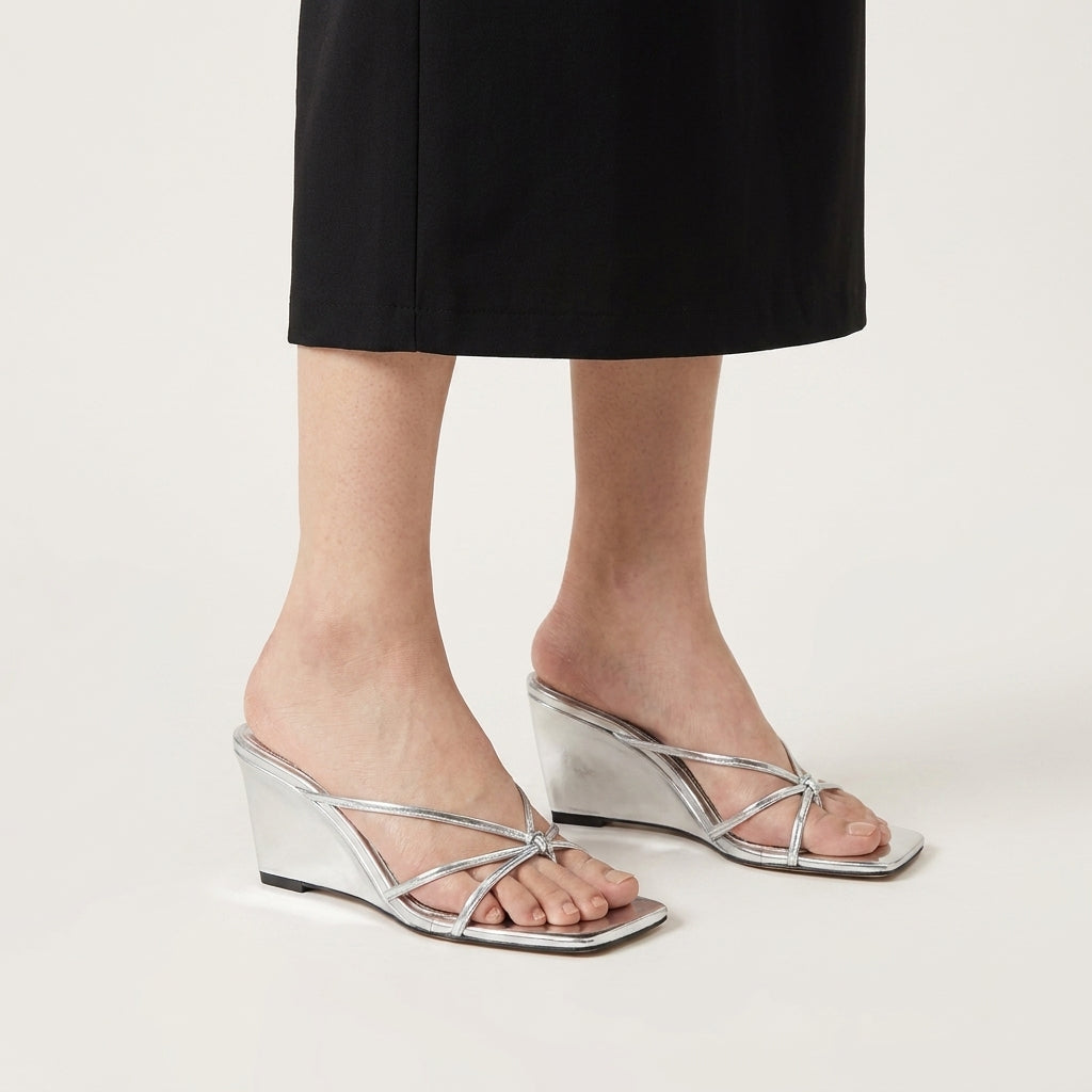 Women's French-Style Wedge Heel Thong Sandals - Silver - on model